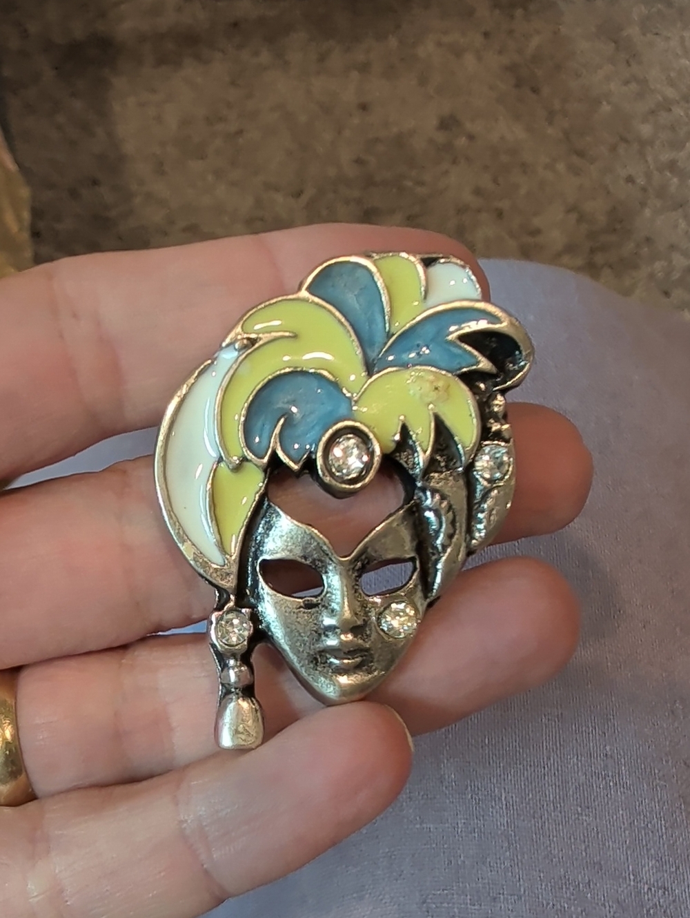 Masquerade Mask Enamel Brooch in Blue, Green & White
